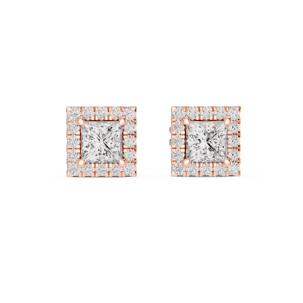 1 Carat Princess Cut Diamond Halo Stud Earrings