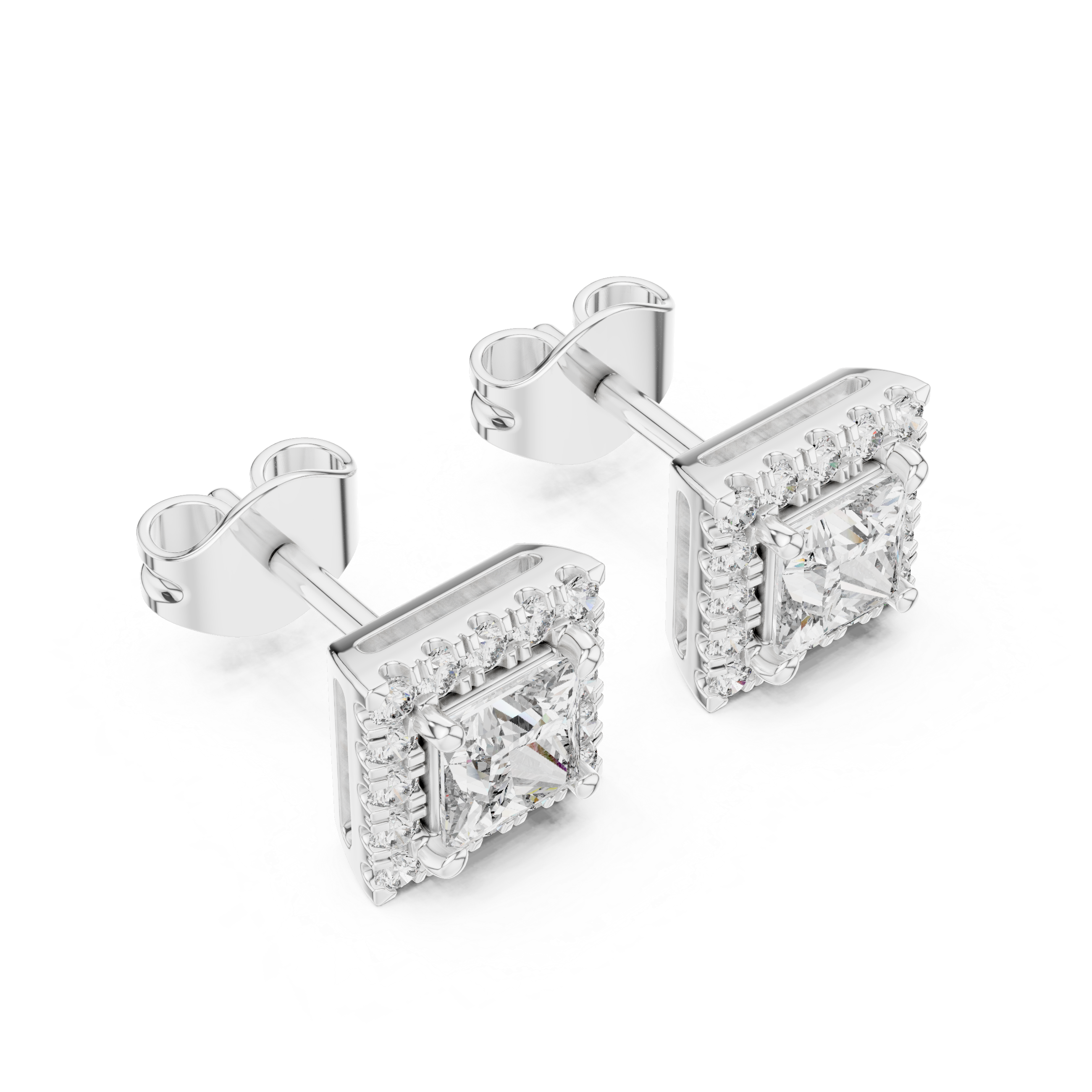 1 Carat Princess Cut Diamond Halo Stud Earrings