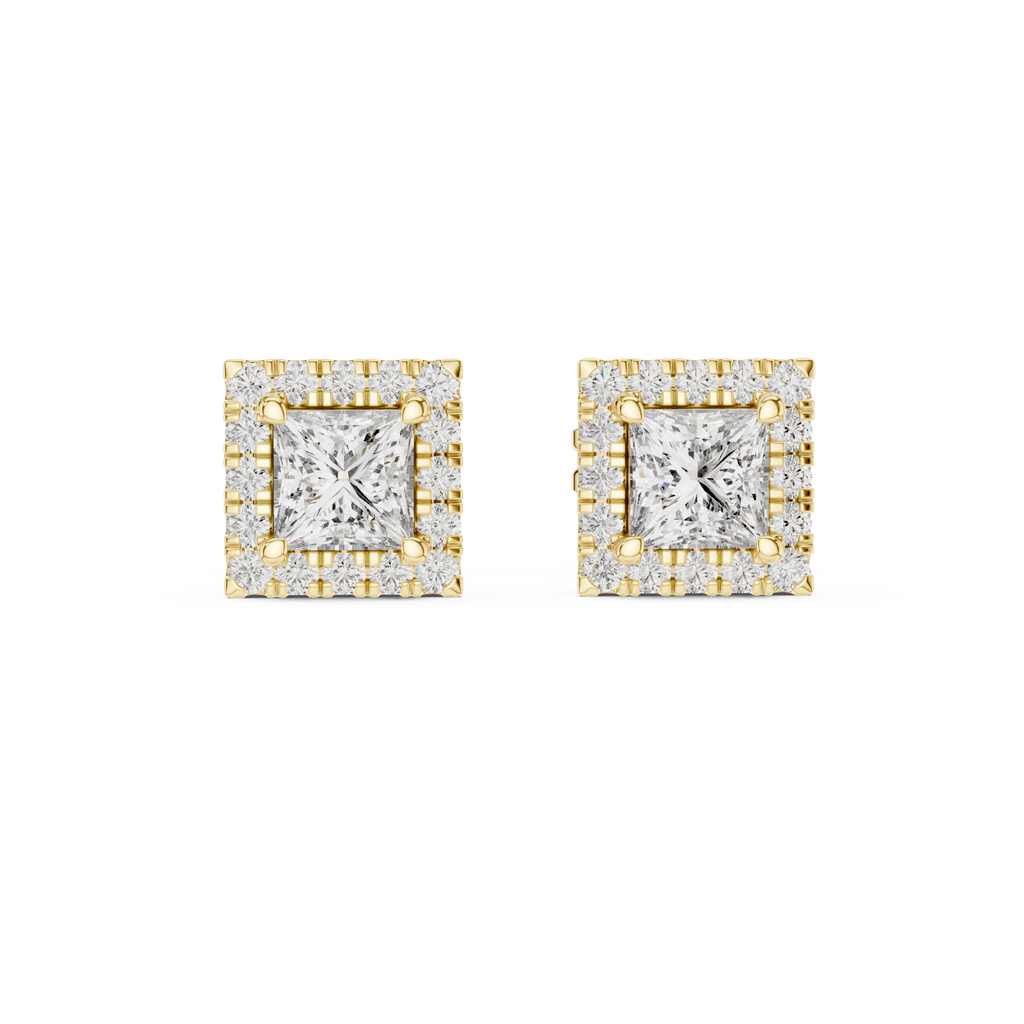 1 Carat Princess Cut Diamond Halo Stud Earrings