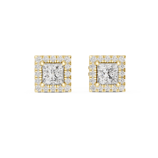 1 Carat Princess Cut Diamond Halo Stud Earrings