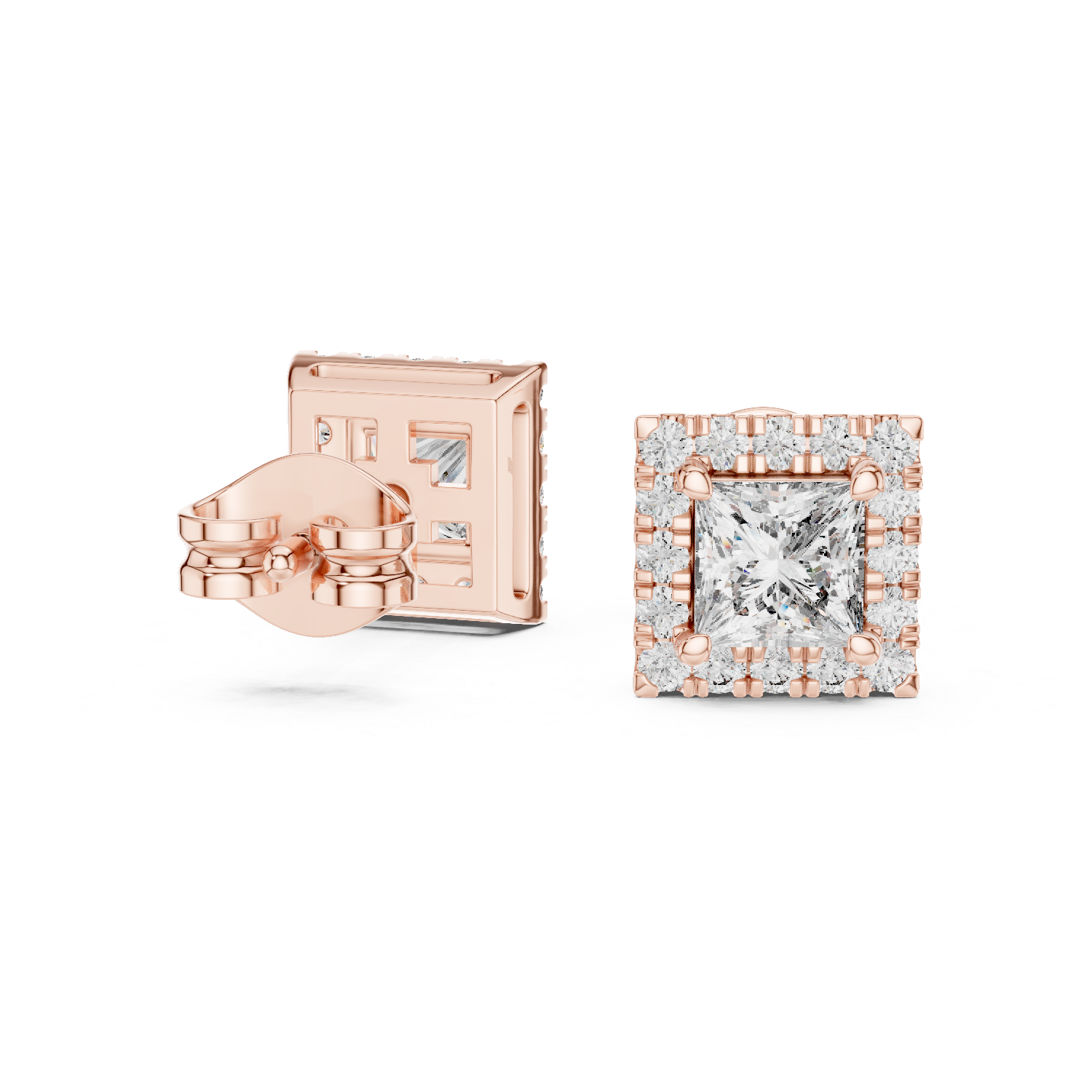 1 Carat Princess Cut Diamond Halo Stud Earrings