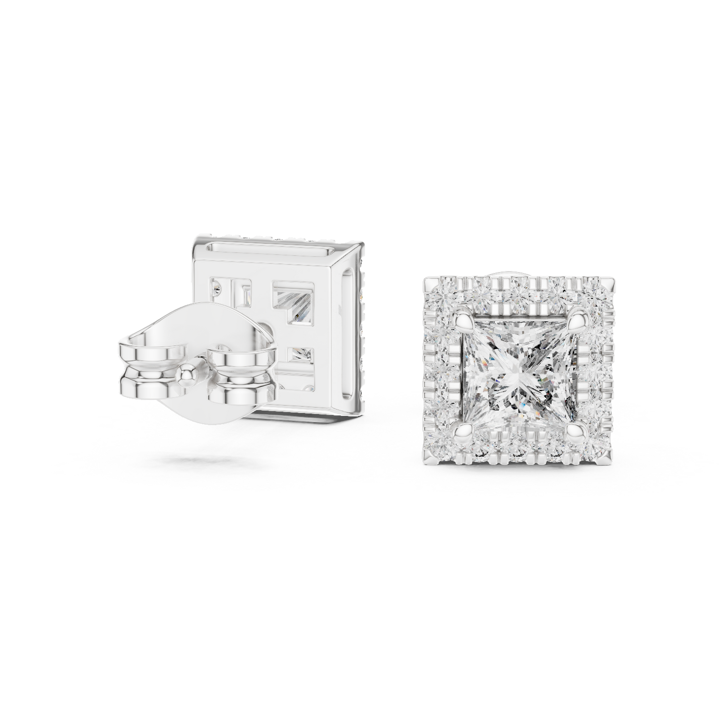 1 Carat Princess Cut Diamond Halo Stud Earrings