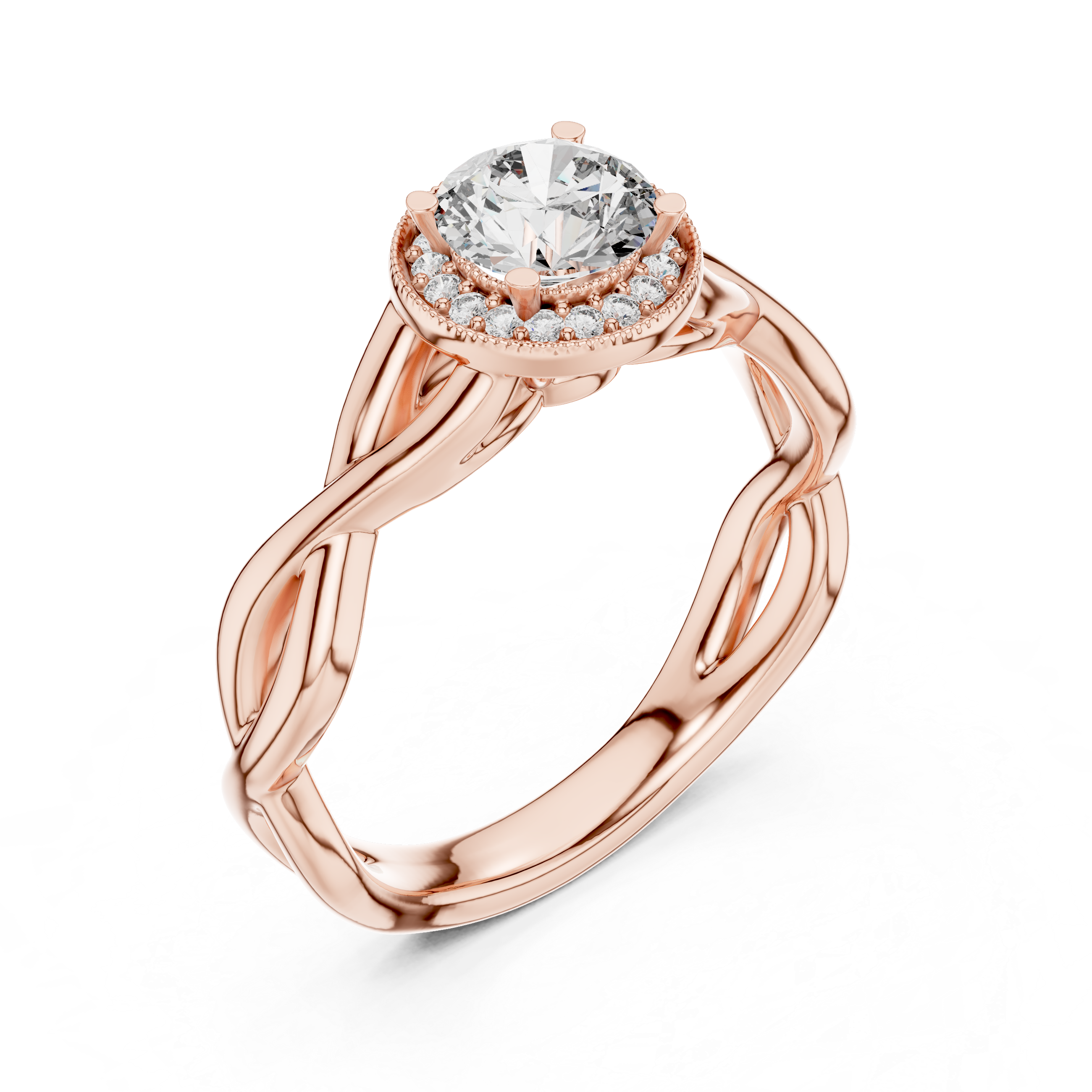 Round Cut Halo Diamond Ring with Twisted Shank