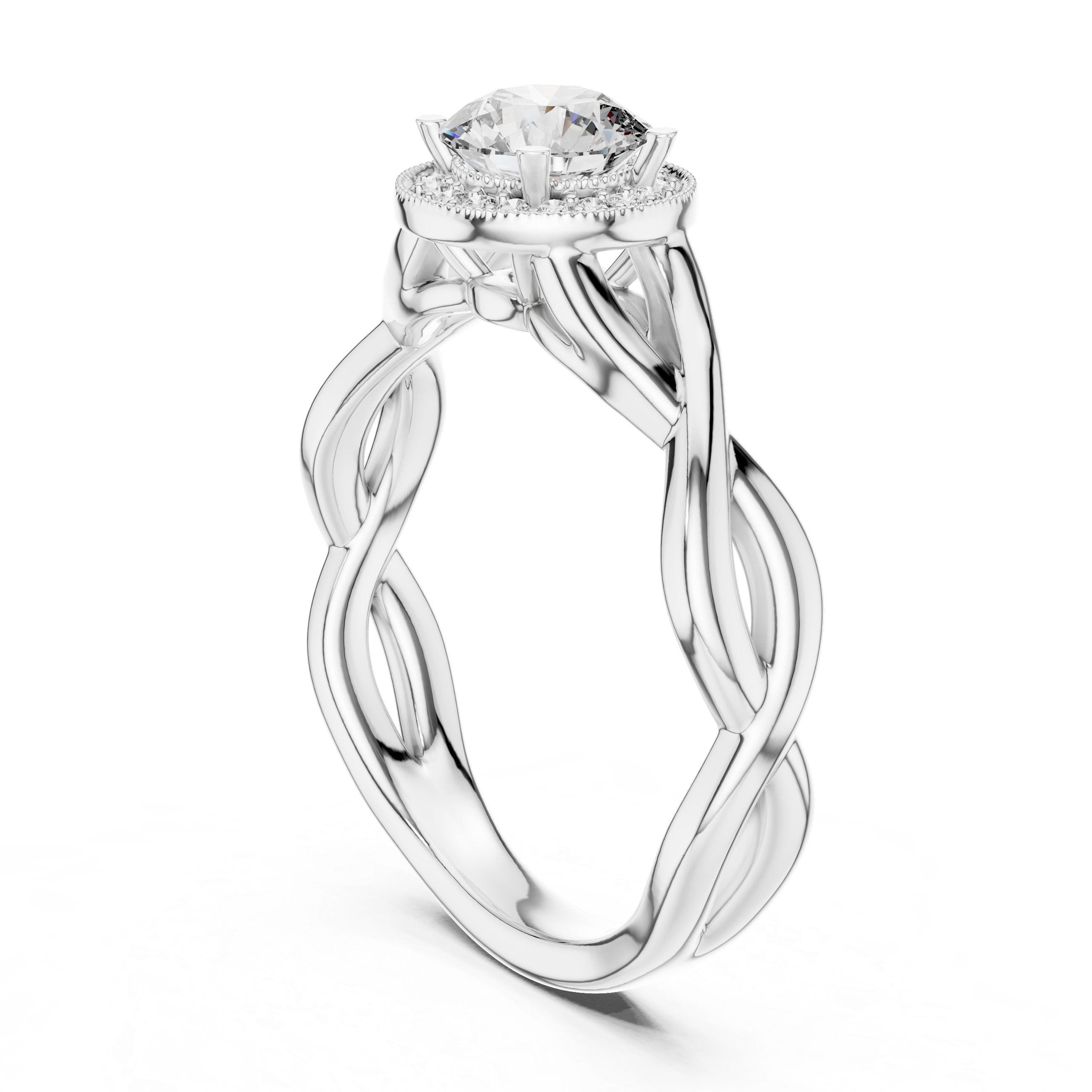 Round Cut Halo Diamond Ring with Twisted Shank