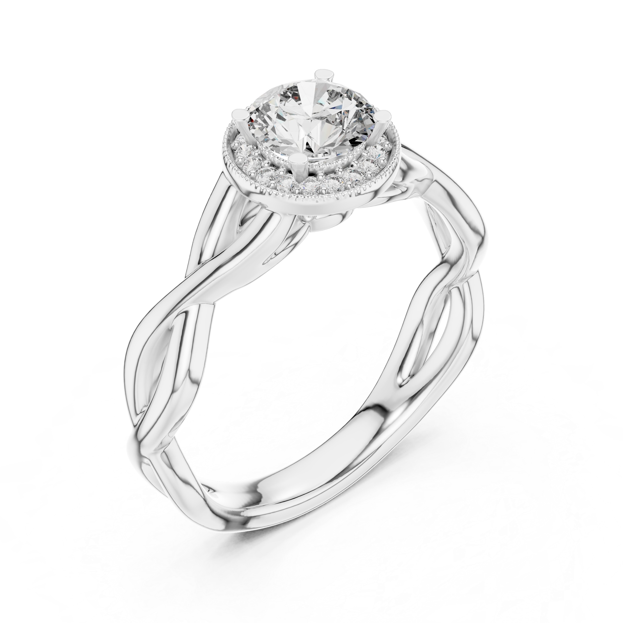 Round Cut Halo Diamond Ring with Twisted Shank