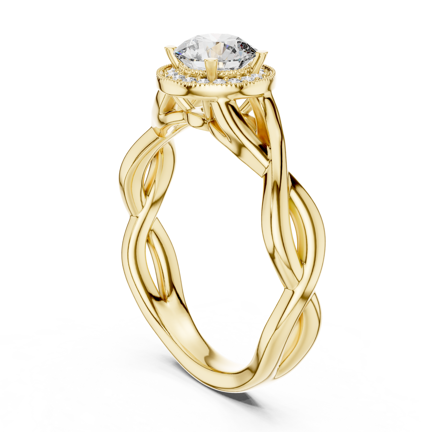 Round Cut Halo Diamond Ring with Twisted Shank