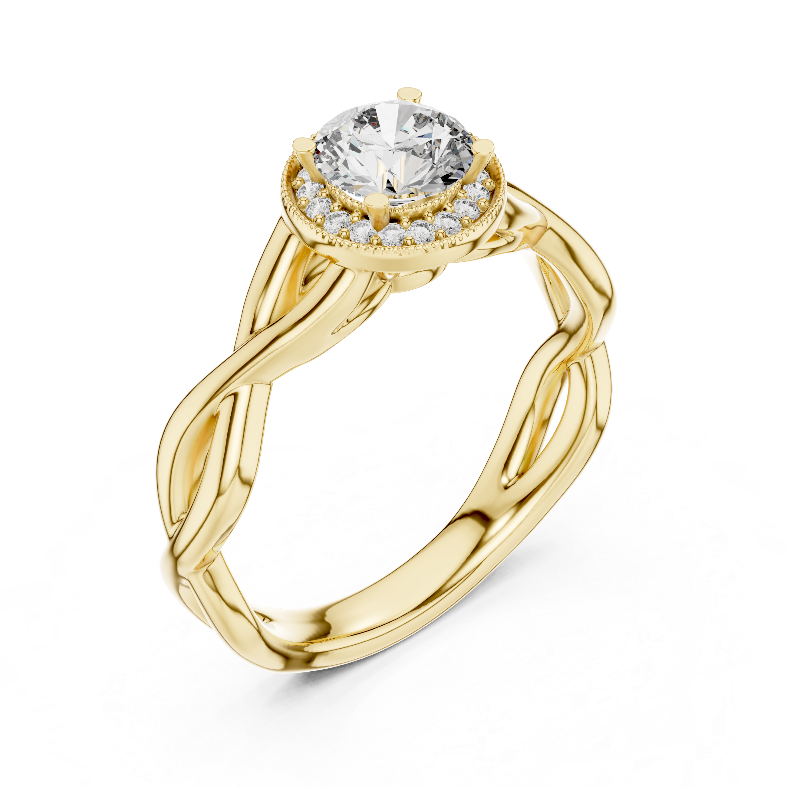Round Cut Halo Diamond Ring with Twisted Shank