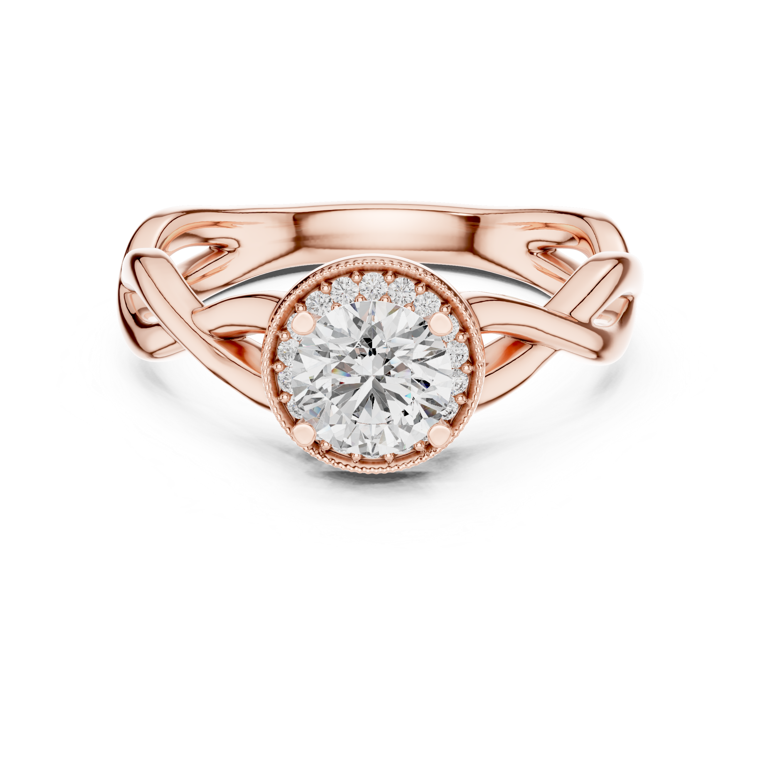 Round Cut Halo Diamond Ring with Twisted Shank
