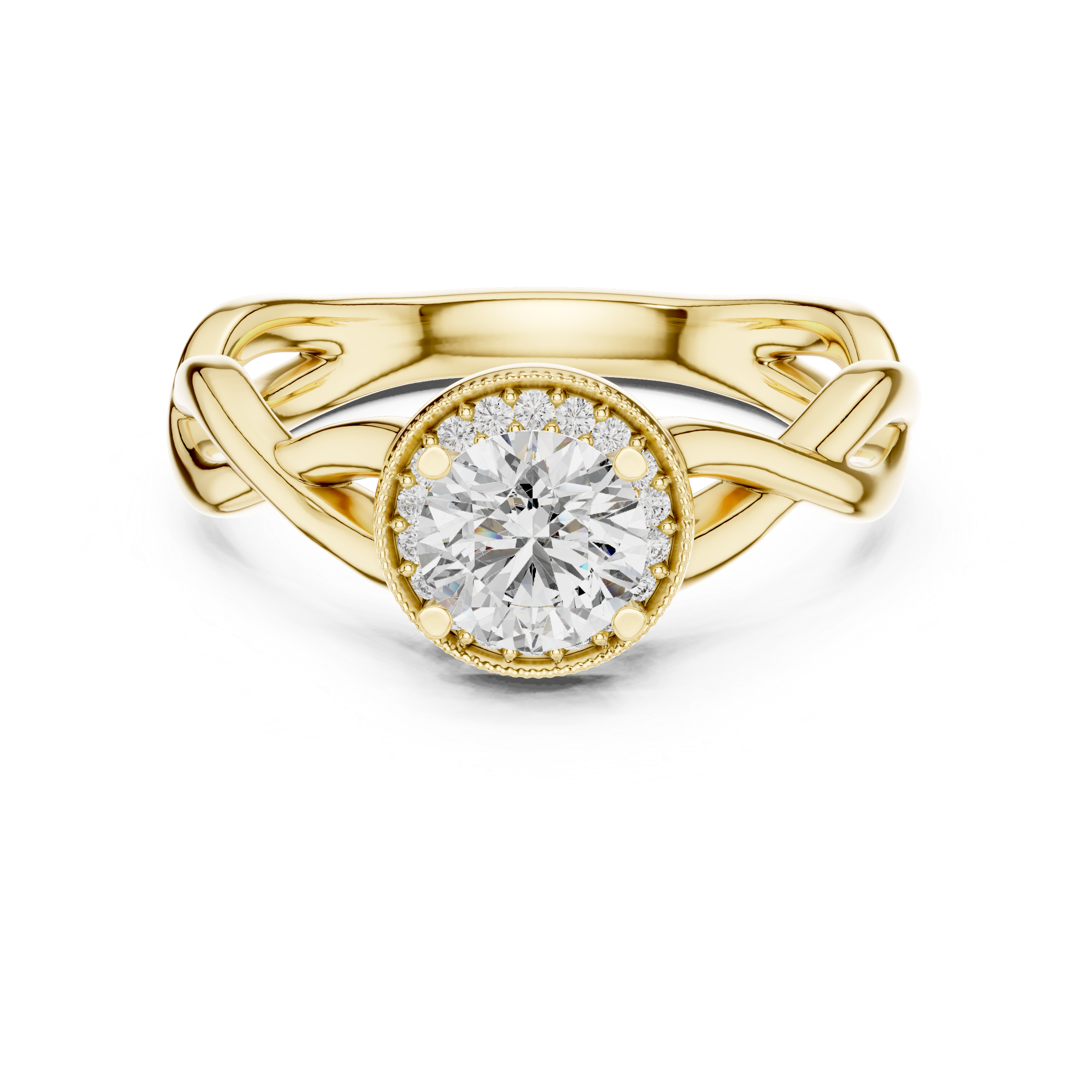 Round Cut Halo Diamond Ring with Twisted Shank