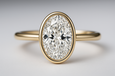 A premium close-up photograph of a beautiful oval cut diamond engagement ring, highlighting a 1.5-carat elongated oval flawless white diamond in a sleek yellow gold bezel setting, radiant scintillation and graceful curves, high-end jewelry photography style under soft studio lighting, subtle white-to-silver gradient background, ultra-detailed, 8k resolution, professional product shot