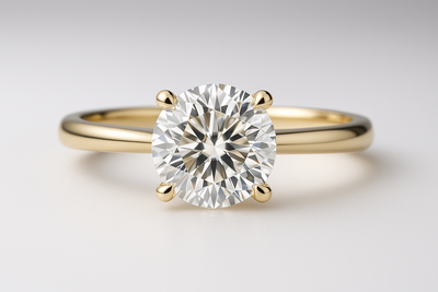 A premium close-up photograph of a classic round brilliant cut diamond engagement ring, featuring a 1.5-carat flawless white diamond in a timeless solitaire yellow gold setting, sparkling with intense fire and brilliance under soft studio lighting, elegant minimalist design, high-end jewelry photography style, subtle white-to-silver gradient background, ultra-detailed, 8k resolution, professional product shot