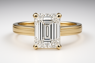 A premium close-up photograph of a sophisticated emerald cut diamond engagement ring, displaying a 1.5-carat rectangular emerald-cut flawless white diamond in a refined yellow gold channel-set band, step-cut facets with exceptional clarity and luxury, high-end jewelry photography style under soft studio lighting, subtle white-to-silver gradient background, ultra-detailed, 8k resolution, professional product shot