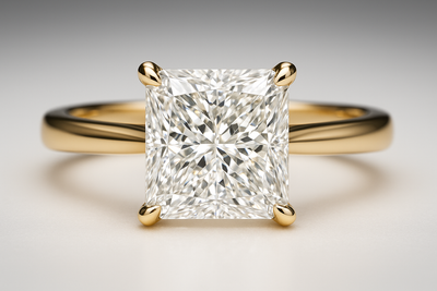 A premium close-up photograph of a sparkling radiant cut diamond engagement ring, featuring a 1.5-carat square radiant-cut flawless white diamond in a modern yellow gold prong setting, explosive brilliance and fiery sparkle, high-end jewelry photography style under soft studio lighting, subtle white-to-silver gradient background, ultra-detailed, 8k resolution, professional product shot