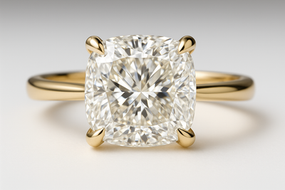 A premium close-up photograph of an elegant cushion cut diamond engagement ring, presenting a 1.5-carat pillow-shaped cushion-cut flawless white diamond in a refined yellow gold basket setting, soft rounded edges with romantic fire and depth, high-end jewelry photography style under soft studio lighting, subtle white-to-silver gradient background, ultra-detailed, 8k resolution, professional product shot.
