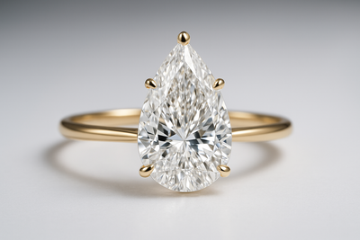 A premium close-up photograph of an elegant pear-shaped diamond engagement ring, showcasing a 1.5-carat teardrop-cut flawless white diamond in a delicate yellow gold prong setting, dramatic sparkle and elongated elegance, captured in high-end jewelry photography style under soft studio lighting, subtle white-to-silver gradient background, ultra-detailed, 8k resolution, professional product shot
