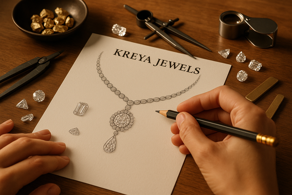 A storytelling image for a luxury jewelry brand named Kreya Jewels, showing a designer’s hand sketching a diamond jewelry concept on paper, surrounded by tools, gemstones, and gold pieces on a clean wooden workspace — warm natural lighting, artistic depth of field, elegant and authentic craftsmanship vibe, representing the creation journey of lab-grown diamond jewelry — high-resolution, premium editorial style.”