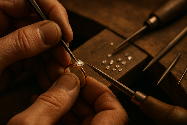 Close-up of a master jeweler’s hands using fine tools to set a diamond into a gold ring under warm workshop lighting, with small diamonds and tools scattered on the table — showcasing artisanal craftsmanship, attention to detail, and heritage jewelry-making — cinematic composition, soft depth of field, premium luxury aesthetic.