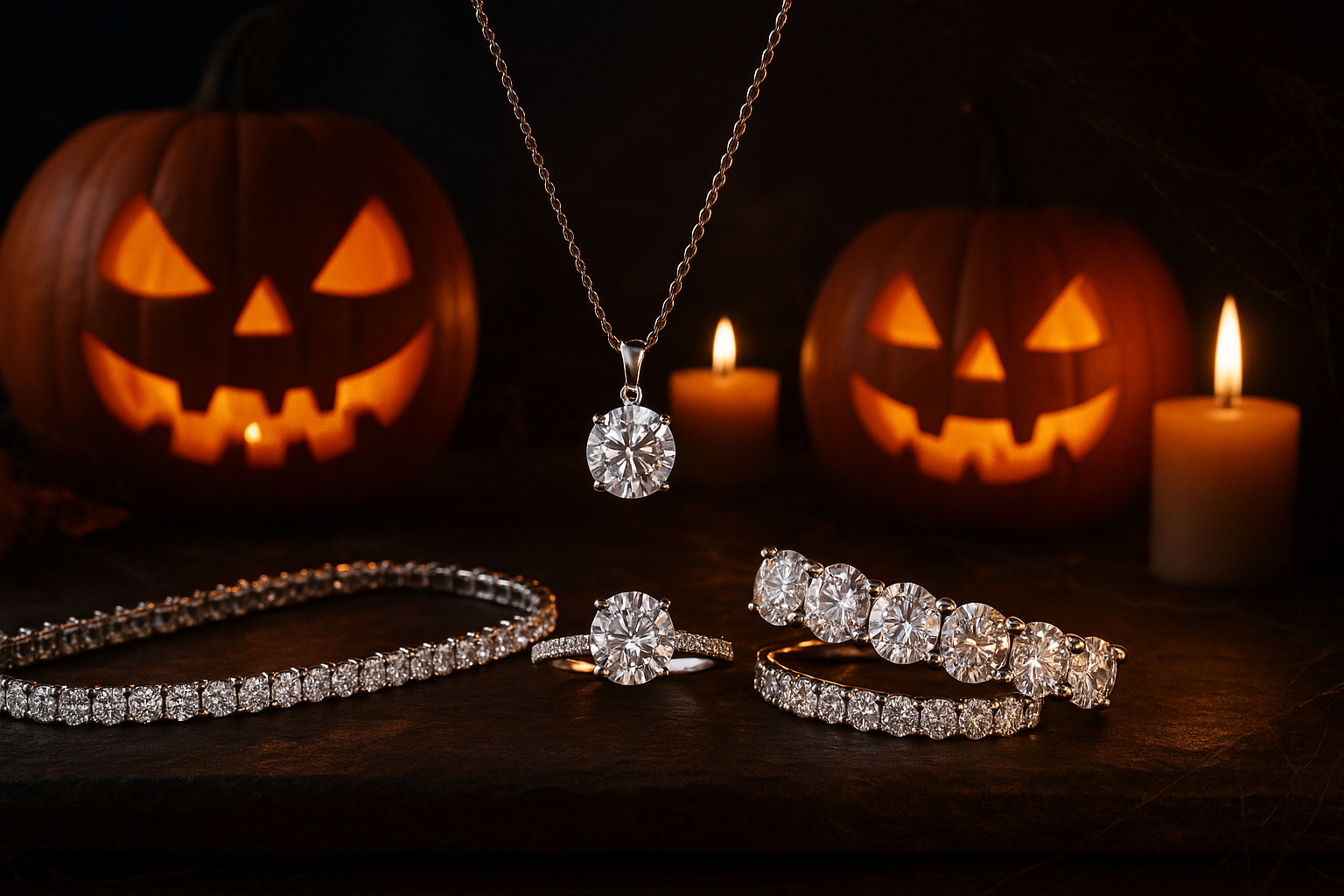 Luxurious lab-grown diamond jewelry displayed for Halloween, including rings, necklaces, and bracelets. Set against a dark, moody background with glowing jack-o’-lanterns, flickering candles, and subtle cobwebs. Jewelry sparkle highlighted by warm, ambient light, creating an elegant and festive Halloween vibe. High-resolution, suitable for website banners, social media posts, or promotional graphics