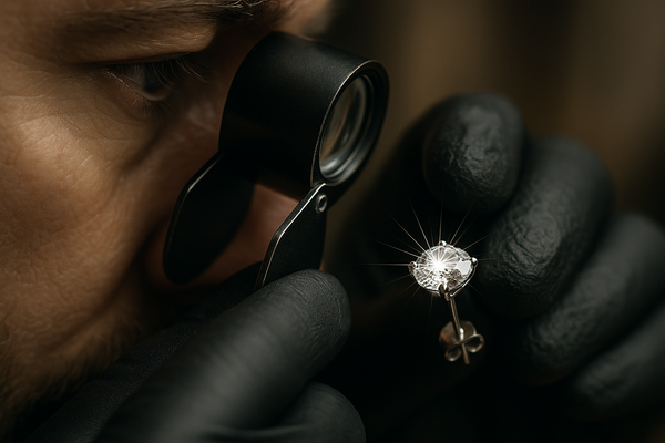 Macro shot of a jeweler carefully polishing a diamond earring or inspecting it with a loupe, the diamond sparkling under focused light — background softly blurred, conveying perfection, luxury, and meticulous quality control — high-resolution, editorial-style photography