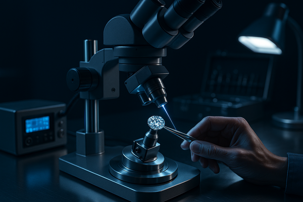 Modern jewelry workshop scene showing advanced laser equipment or microscope being used to inspect a lab-grown diamond, cool lighting tones with metallic reflections, blending innovation and precision — futuristic yet elegant atmosphere representing technology in fine jewelry creation.”