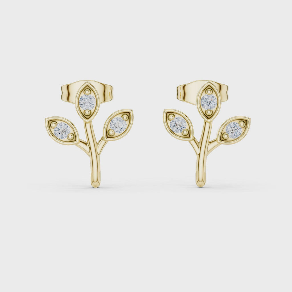 Leaf Shaped Stud Earrings With Round Diamond