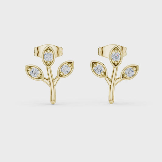 Leaf Shaped Stud Earrings With Round Diamond