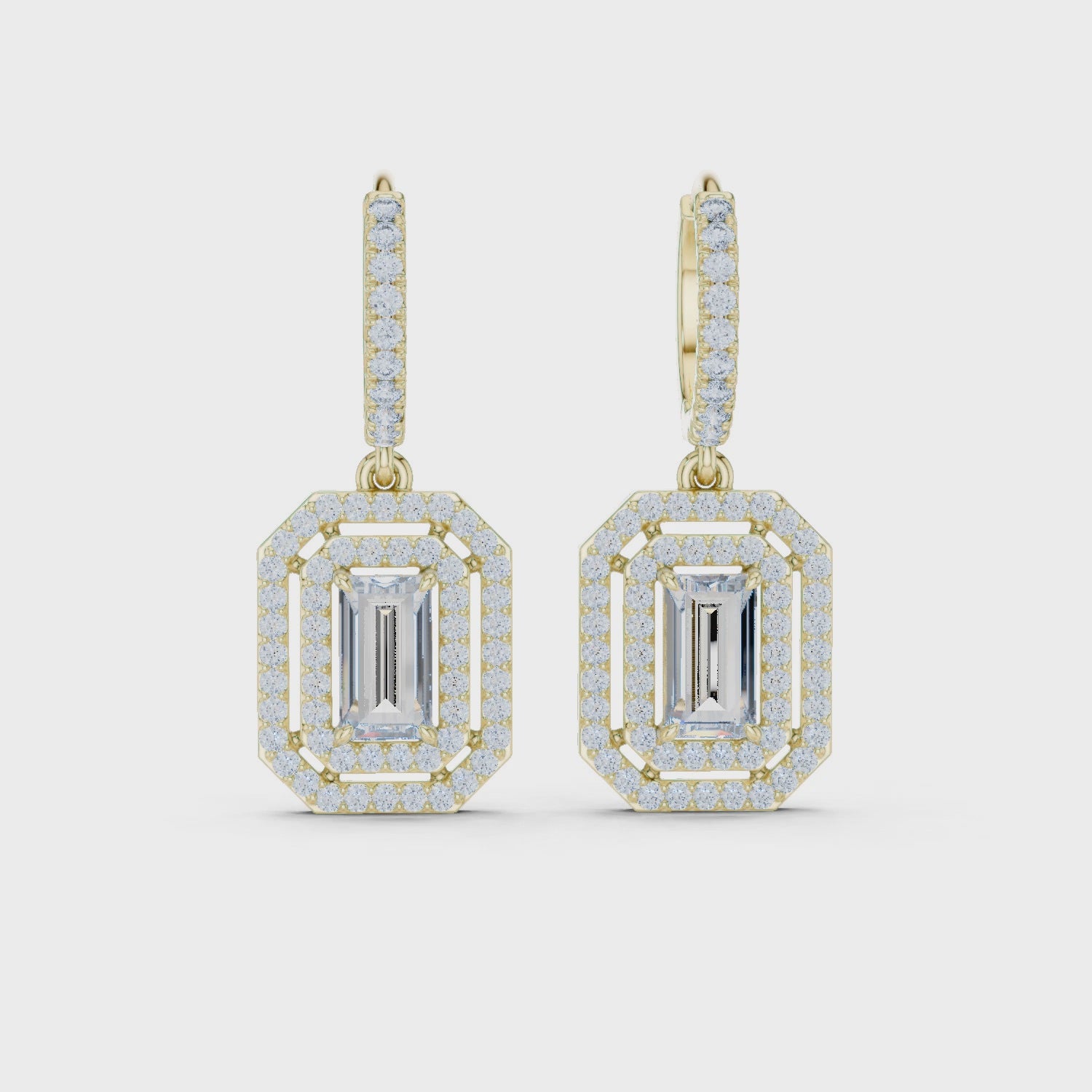 Lab Diamond Double Halo Buguette Cut Hoop Earrings
