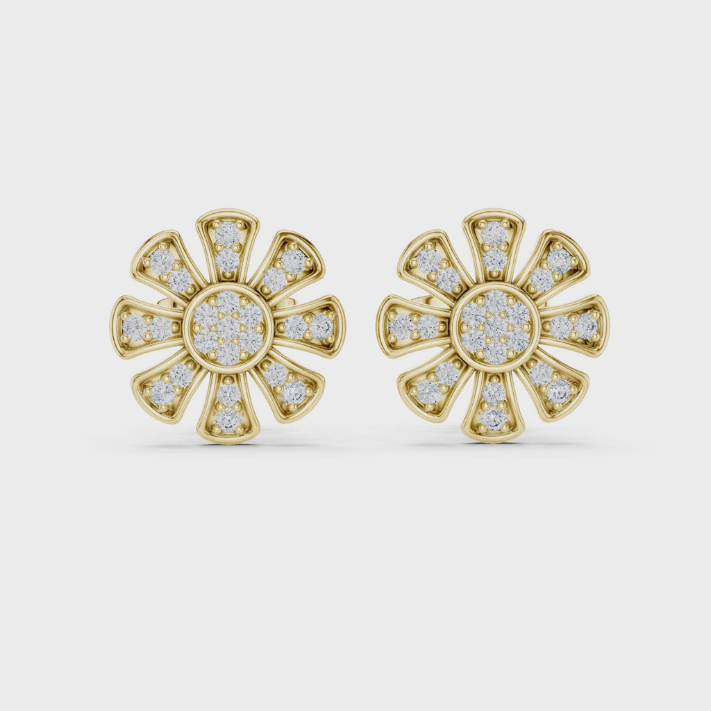 Unique Flower Stud Earrings With Round Cut Diamond
