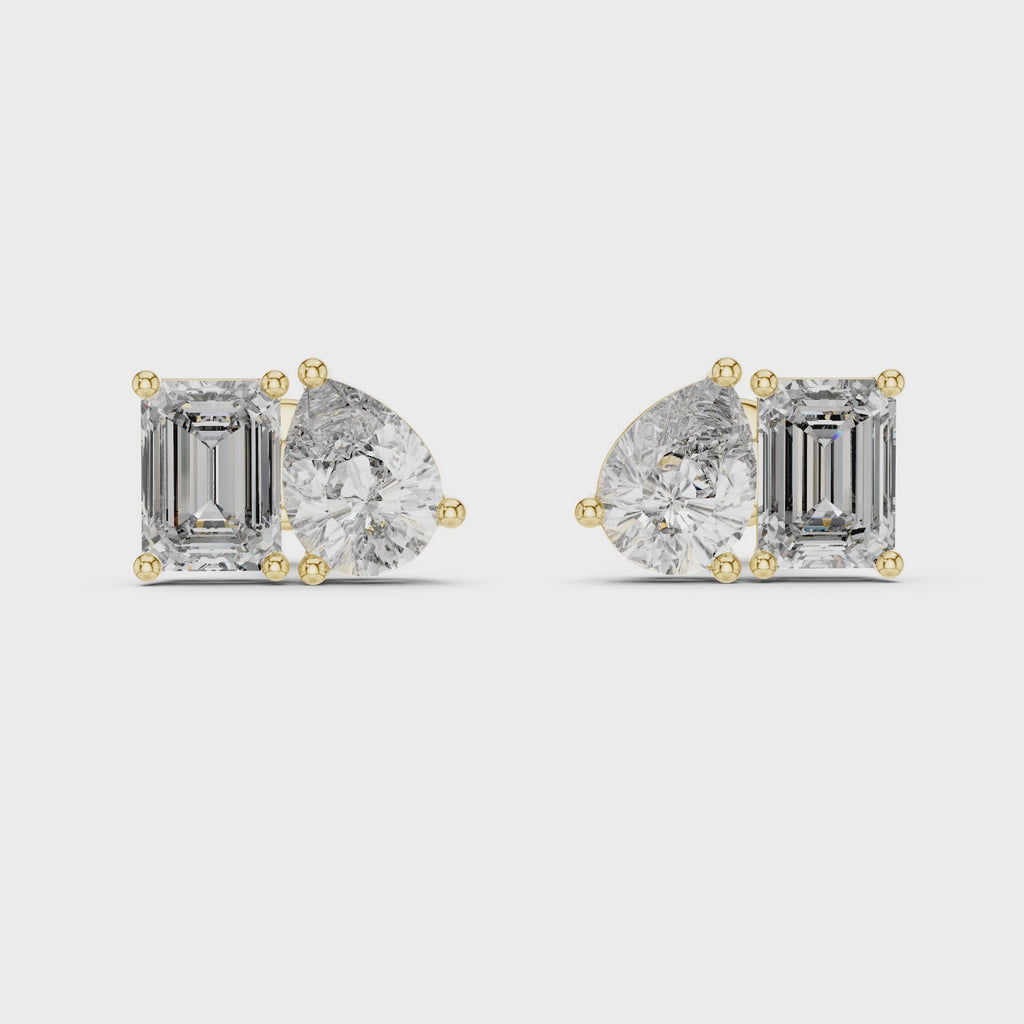 Emerald And Pear Cut Diamond Stud Earrings