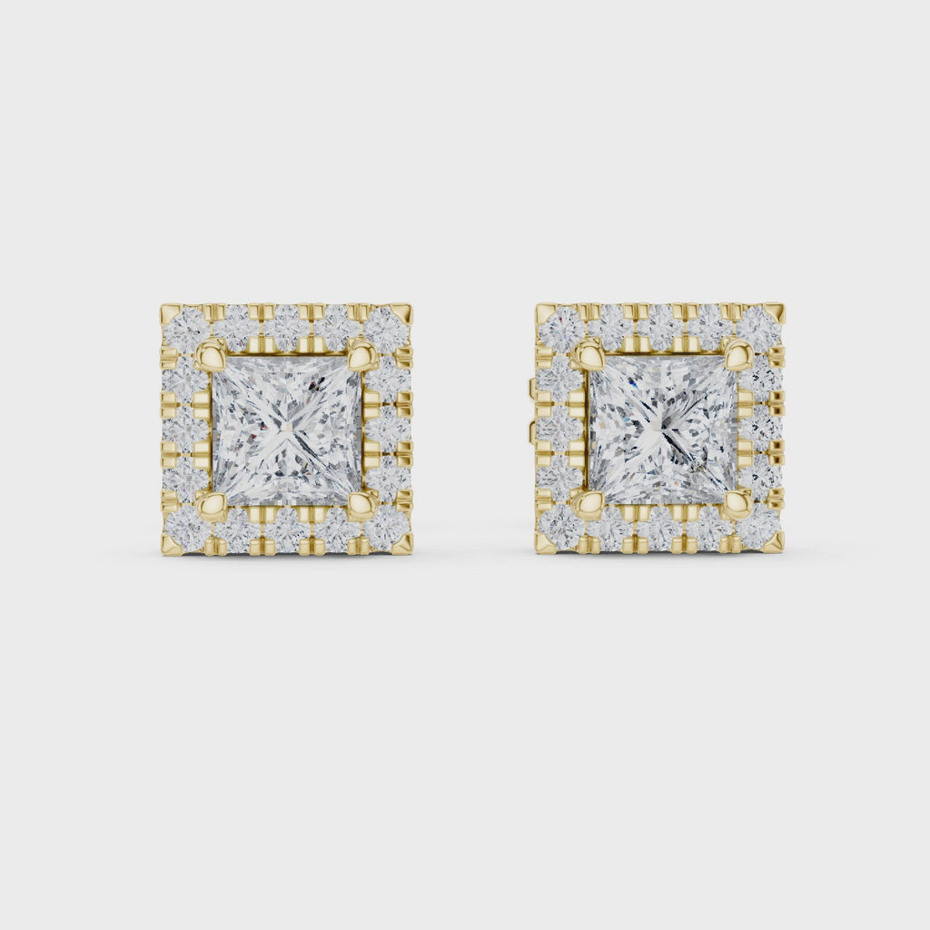 1 Carat Princess Cut Diamond Halo Stud Earrings
